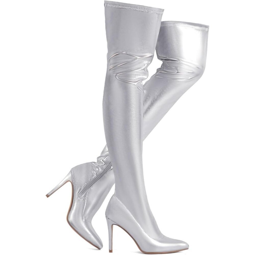 Women Silver Polyurethane Over The Knee High Stretchy Leather Thigh High Boots
